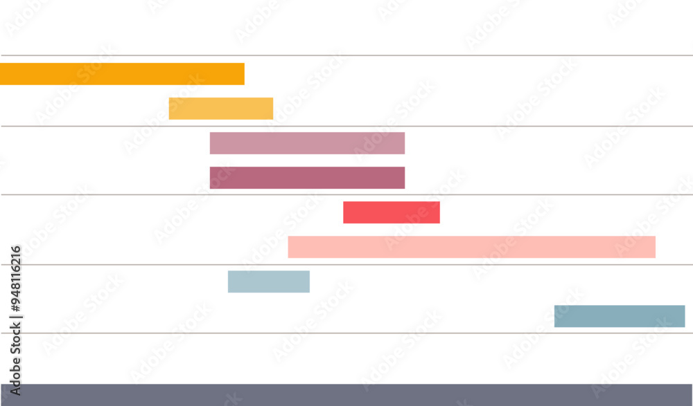 Poster simplified gantt chart with colored bars representing task timelines against a white background, sym