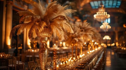 Obraz premium A large room with a chandelier and a table with many candles