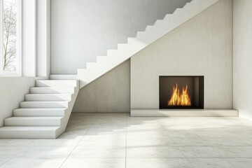 Scandinavian home interior with fireplace, 3D render