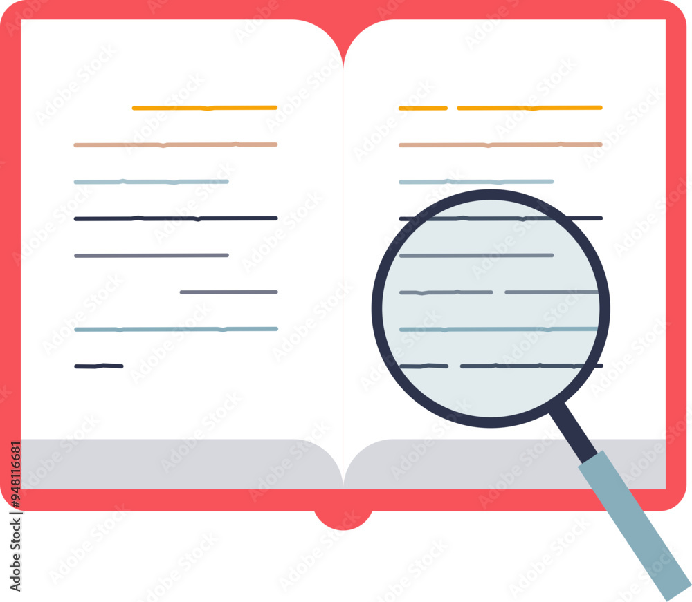 Poster open book with lines of text under a magnifying glass, symbolizing detailed reading or analysis.