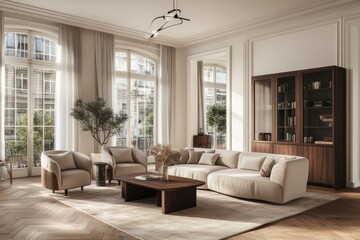 An interior with a couch, armchairs, and panoramic window depicts the cozy atmosphere of a living room