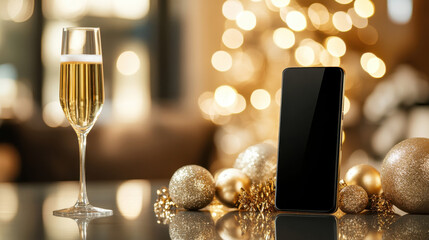 Elegant champagne glass beside a smartphone and festive gold ornaments against a blurred holiday background - Powered by Adobe