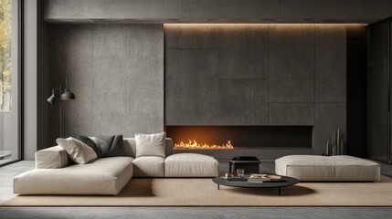 An stock-driven concrete fireplace.