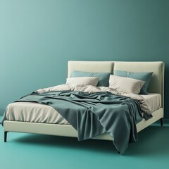 Gray green pastel bedroom. Mint painted walls and blue or turquoise teal bed. Interior design mockup. Mockup for art or decor. 3D model.
