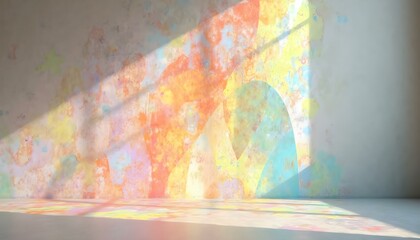 Stained glass texture featuring a colorful, abstract pattern that casts vibrant light effects on walls. Ideal for decorative accents and artistic interior design.
