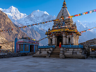 Hindu temple in the Himalayas, surrounded by snow-capped peaks © Marco Attano