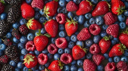 A captivating collection of ripe berries like blueberries, strawberries, and raspberries, laid out in an organized pattern to emphasize their natural beauty and vibrant colors.