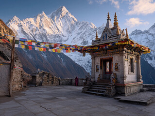 Obraz premium Hindu temple in the Himalayas, surrounded by snow-capped peaks
