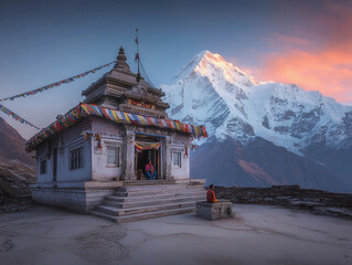 Hindu temple in the Himalayas, surrounded by snow-capped peaks © Marco Attano