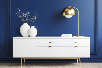 A minimalist Scandinavian interior with a blue wall and a golden lamp with accessories.
