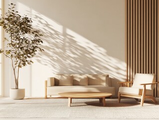 The photo shows a brown chair and beige sofa against a window in a spacious room with a wooden paneled wall. The interior design of the room is Scandinavian.