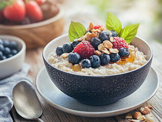 bowl of oatmeal topped with fresh fruit, nuts, and a drizzle of honey