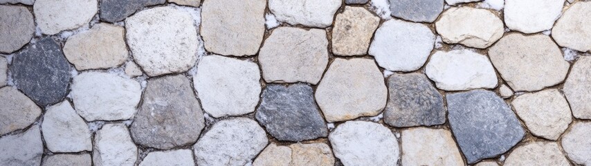 Obraz premium Soft snow-covered cobblestone paths in gentle grey and warm beige, ideal for a cozy winter backdrop, minimalist design, clean aesthetics, and ample space for text or graphics