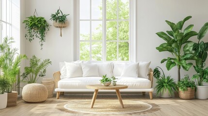 Sofa, pillows, green plaid, lamp, and fiddle leaf tree in wicker basket in the living room. Scandinavian style, Stock.