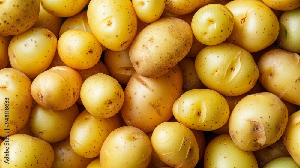 Poster a close-up of a pile of golden potatoes with a few green ones mixed in