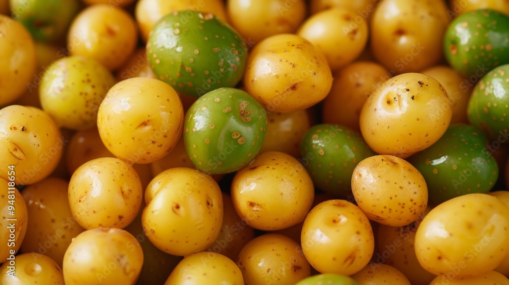 Poster a close-up of a pile of golden potatoes with a few green ones mixed in
