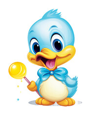Naklejka premium A cute cartoon duck holding a yellow lollipop