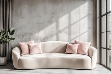 The modern living room of a loft home features a beige sofa with terracotta pillows against an arched window next to a stucco wall with copy space.