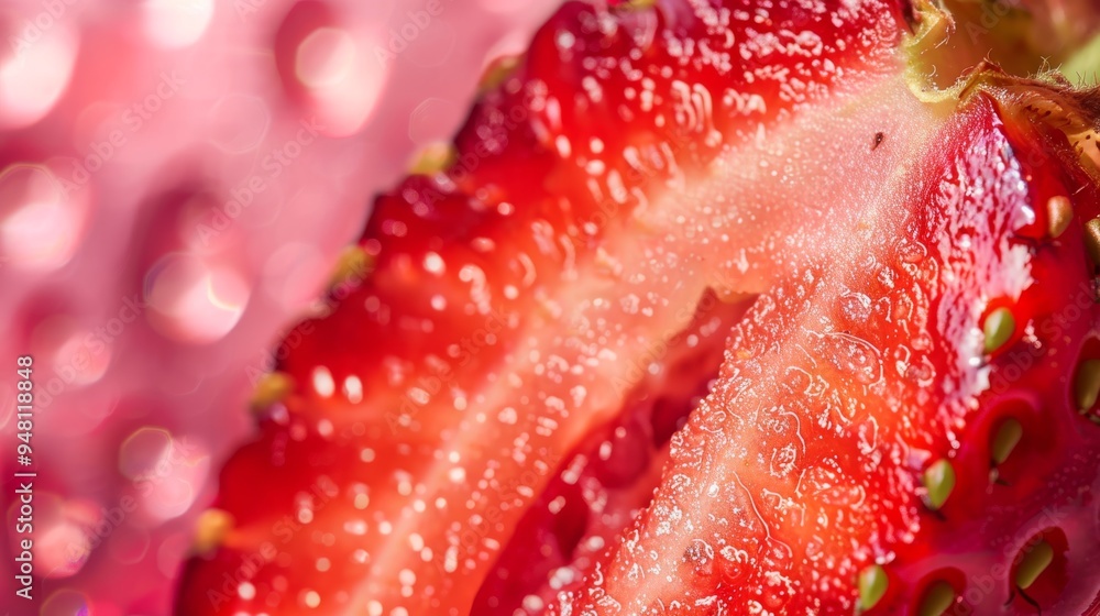 Poster a close-up of a strawberry sliced in half to reveal its vibrant red interior and tiny seeds, with a 