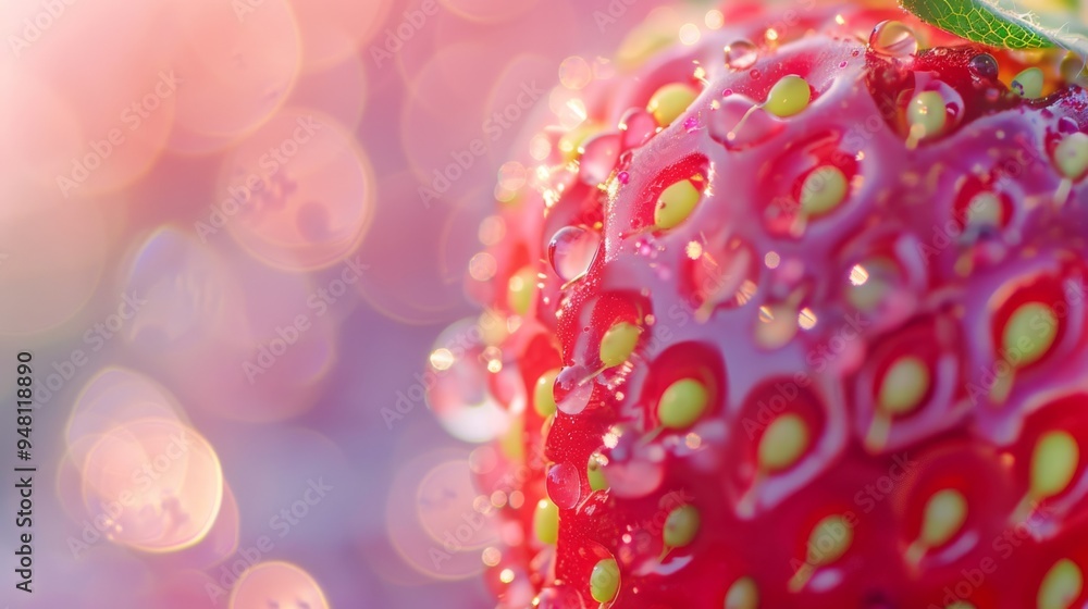 Poster a close-up of a strawberry with a focus on its delicate seeds and glossy texture, set against a clea