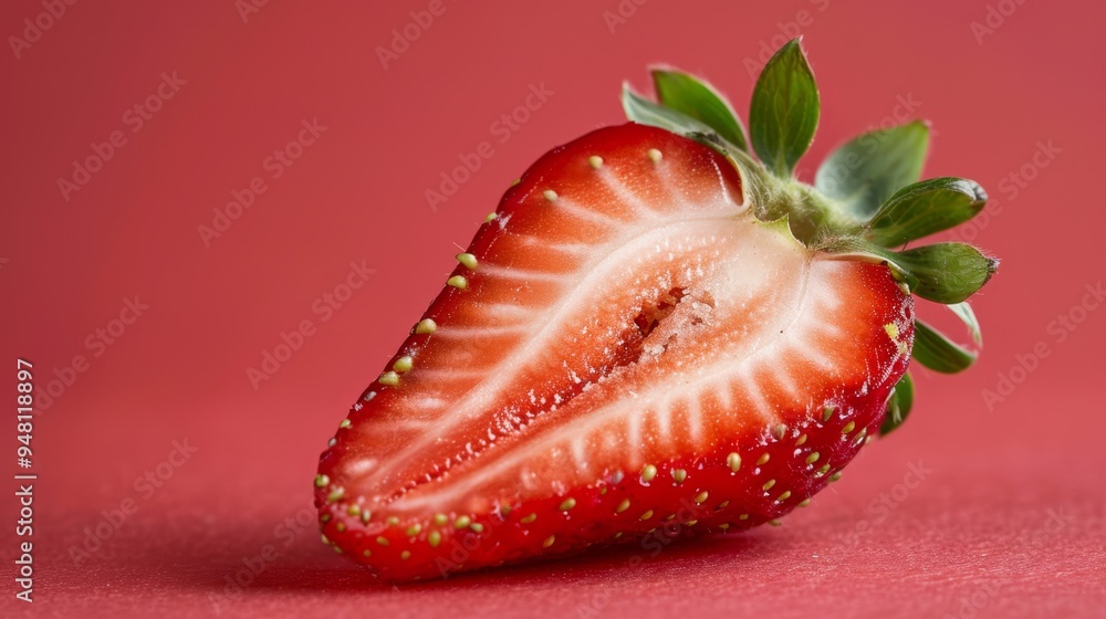Poster a close-up of a strawberry sliced in half to reveal its vibrant red interior and tiny seeds, with a 