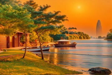 Fototapeta premium The beauty of sunset on the beach with fishing boats and exotic coral rocks