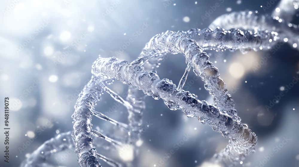 Aufkleber close-up of a shimmering dna double helix structure in a scientific, abstract environment.