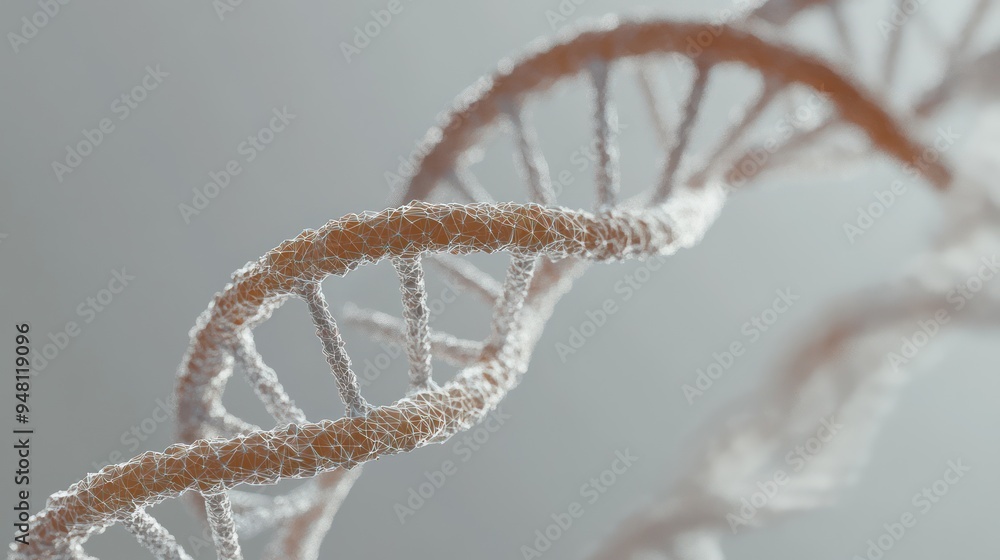 Aufkleber close-up of a 3d rendered dna double helix structure in a soft gray background, showcasing the intri