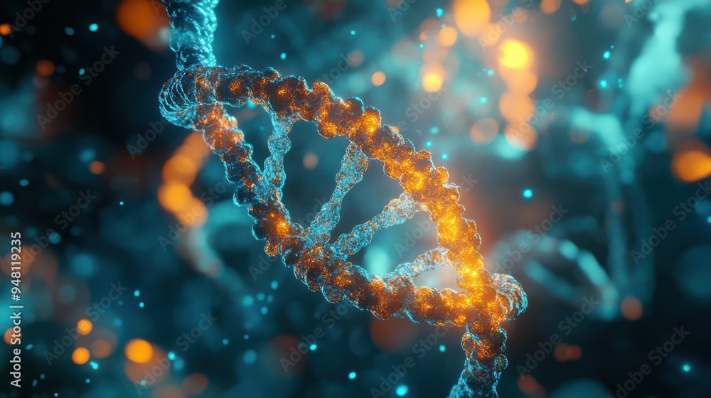 Poster abstract representation of dna strands glowing in blue and orange hues, creating a dynamic and futur