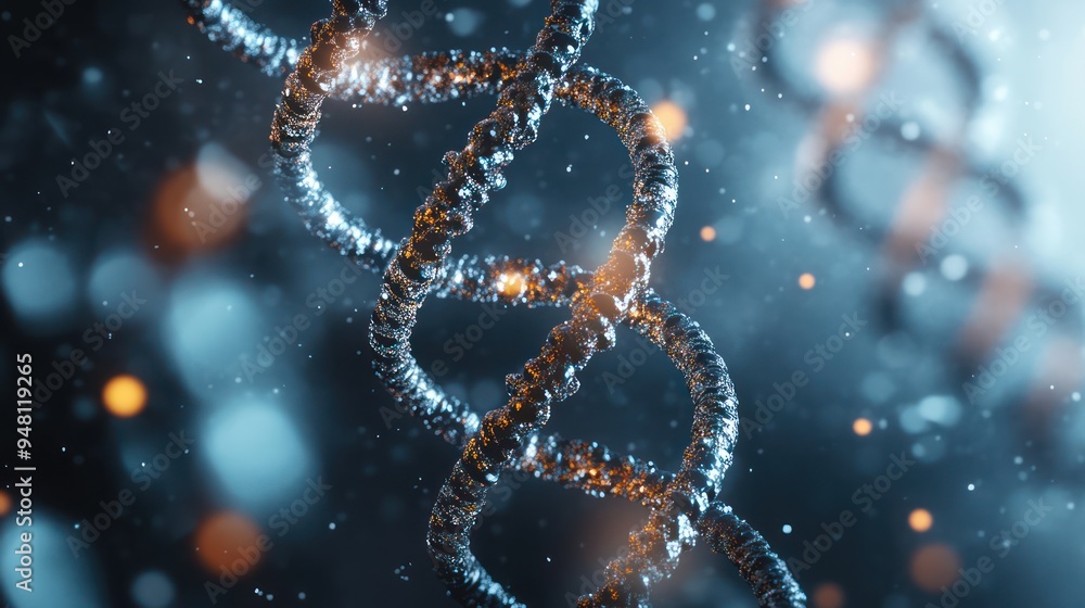 Poster a close-up view of a shimmering dna double helix, illuminated with vibrant colors and particles, cre