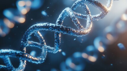 Close-up of a metallic double helix structure, symbolizing DNA, showcasing intricate details and shimmering textures.