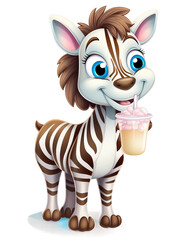 A cartoon zebra is holding a straw with a milkshake in it