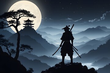 Naklejka premium Silhouette illustration of a samurai warrior standing on a mountain peak at night.