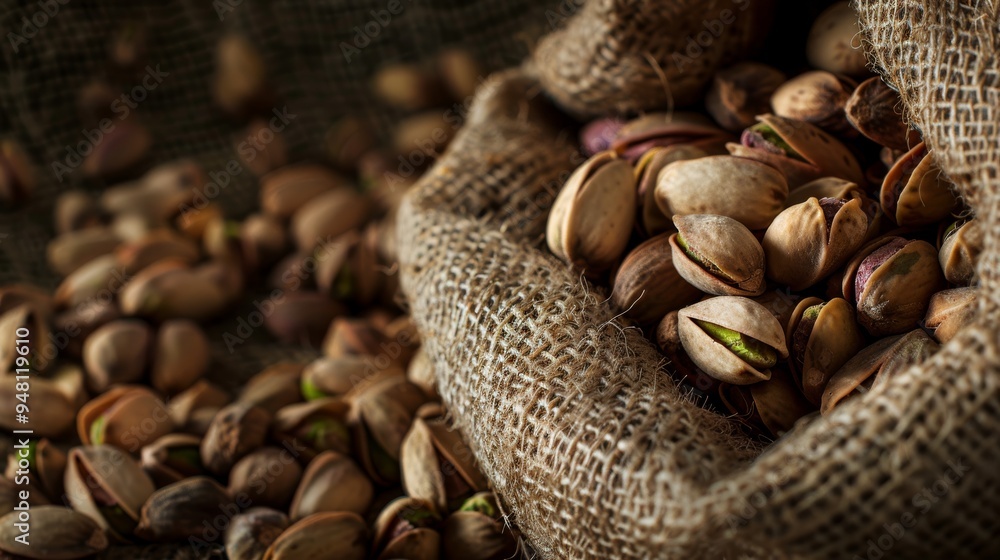 Poster a close-up view of pistachio nuts in a burlap sack, with a focus on the nuts and their natural color