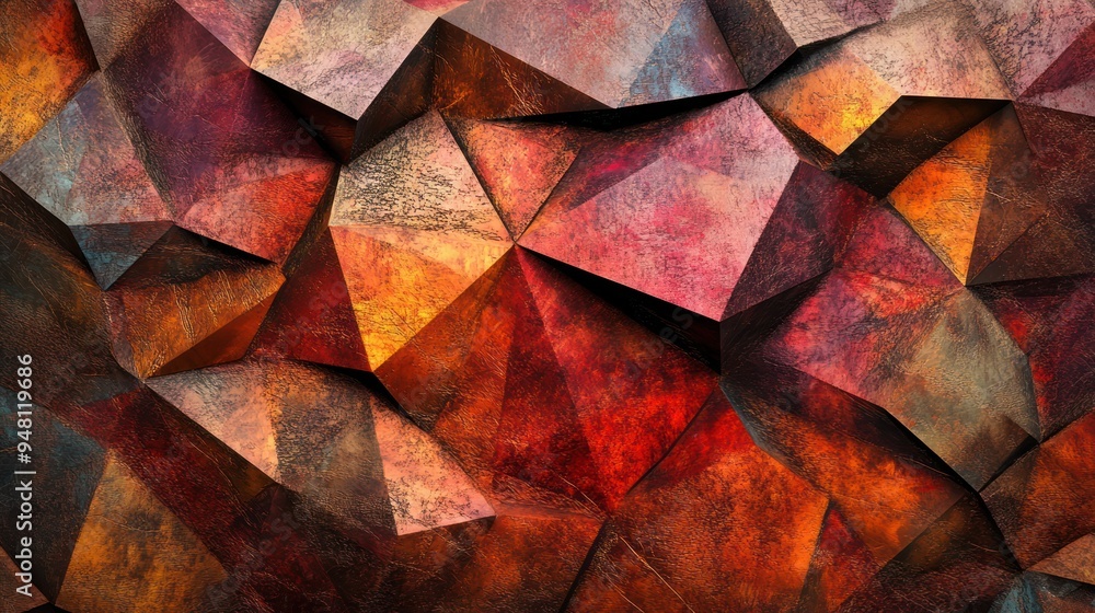 Poster a vibrant abstract texture showcasing angular shapes in warm reds, oranges, and browns, creating a d