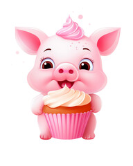 A cute pig holding a pink cupcake