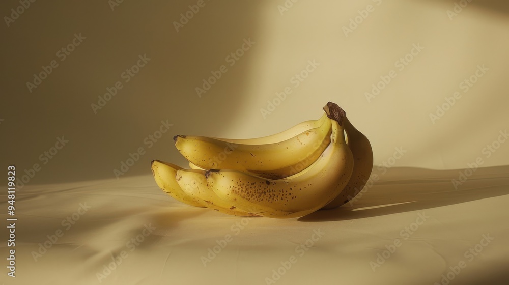 Poster A cluster of bananas with a shadow on a smooth beige background