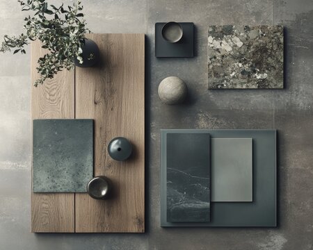A stylish dark mood board with a green and gray color scheme