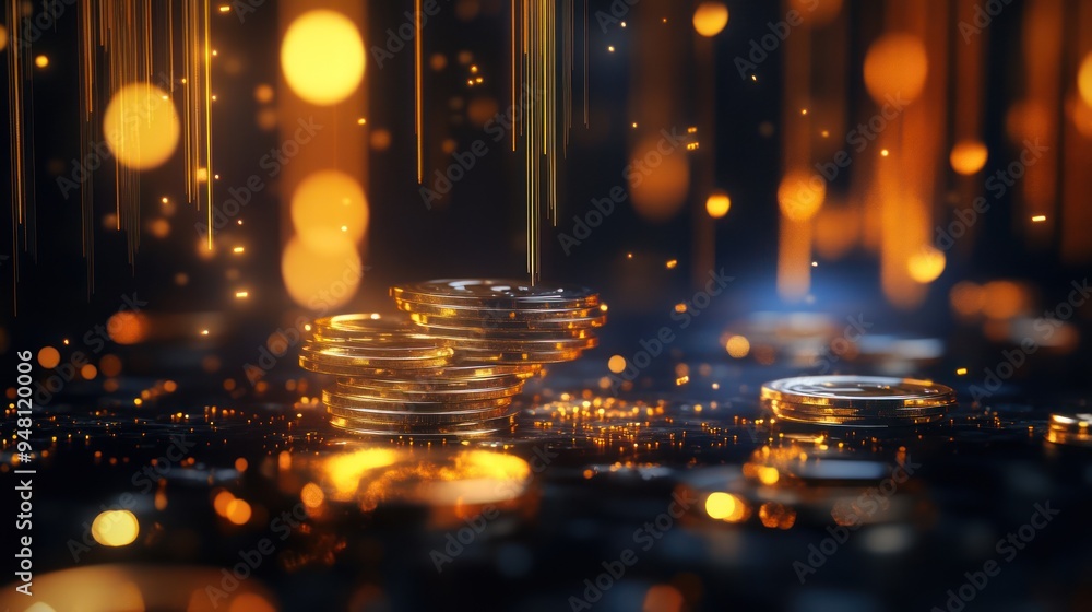 Poster a mesmerizing display of golden coins stacked amidst luminous bokeh effects, creating a rich and opu