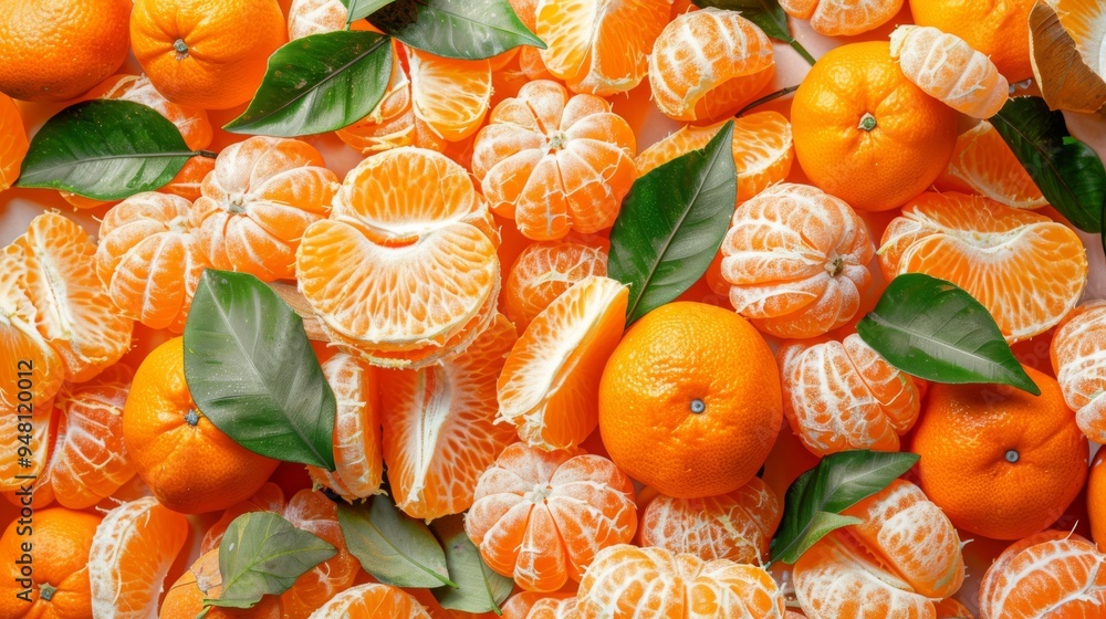 Poster A collection of tangerines and tangerine peels arranged to create a lively and colorful background with a hint of green from the leaves.