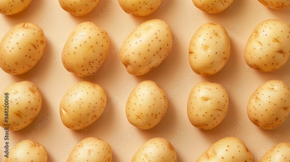 Poster A collection of washed potatoes with smooth skins arranged neatly in rows