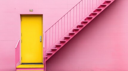 Striking visual contrast featuring a yellow door and matching yellow staircase on a bold pink wall,...