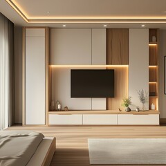 An interior design of a modern bedroom featuring a gray wardrobe in a minimalist style.