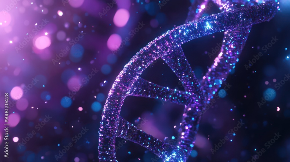 Poster a mesmerizing close-up of a dna double helix structure, adorned with shimmering particles in vibrant