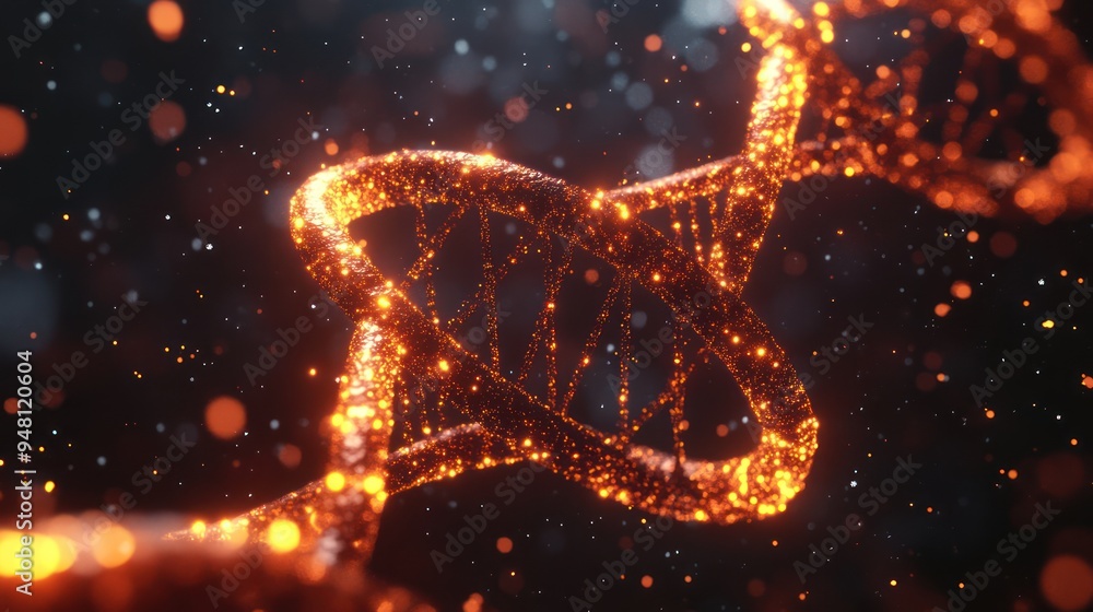 Poster glowing dna helix with sparkling particles in a dark background, representing genetic science and bi