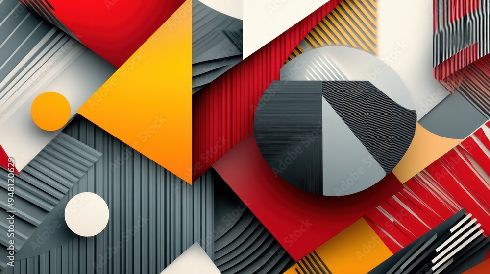 Poster an abstract composition featuring geometric shapes in vibrant colors, creating a modern and dynamic 