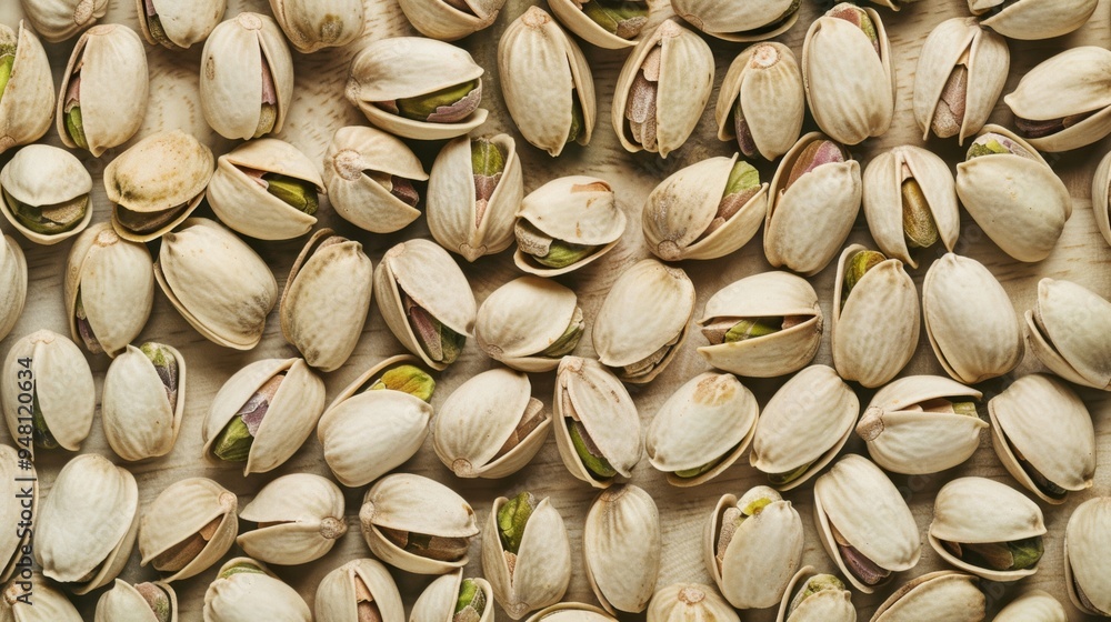 Poster a detailed close-up of pistachio nuts arranged in a pattern on a wooden platter, emphasizing their g