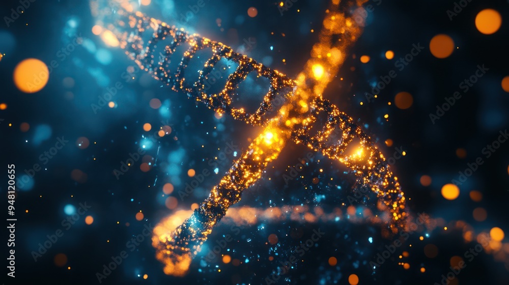 Aufkleber an abstract representation of a dna double helix in vibrant blue and orange hues, illuminated with s