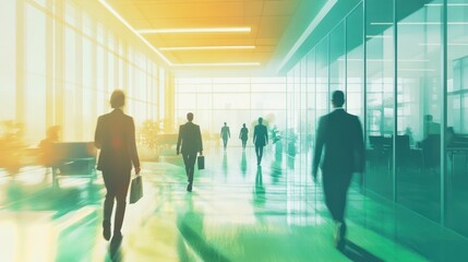 Fototapeta premium Silhouetted business professionals in suits walk through a modern office space, bathed in warm light, evoking a productive work atmosphere.