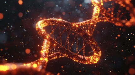 Glowing DNA helix with sparkling particles in a dark background, representing genetic science and biotechnology.